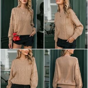 New Camel Pom Pom Pullover Sweater